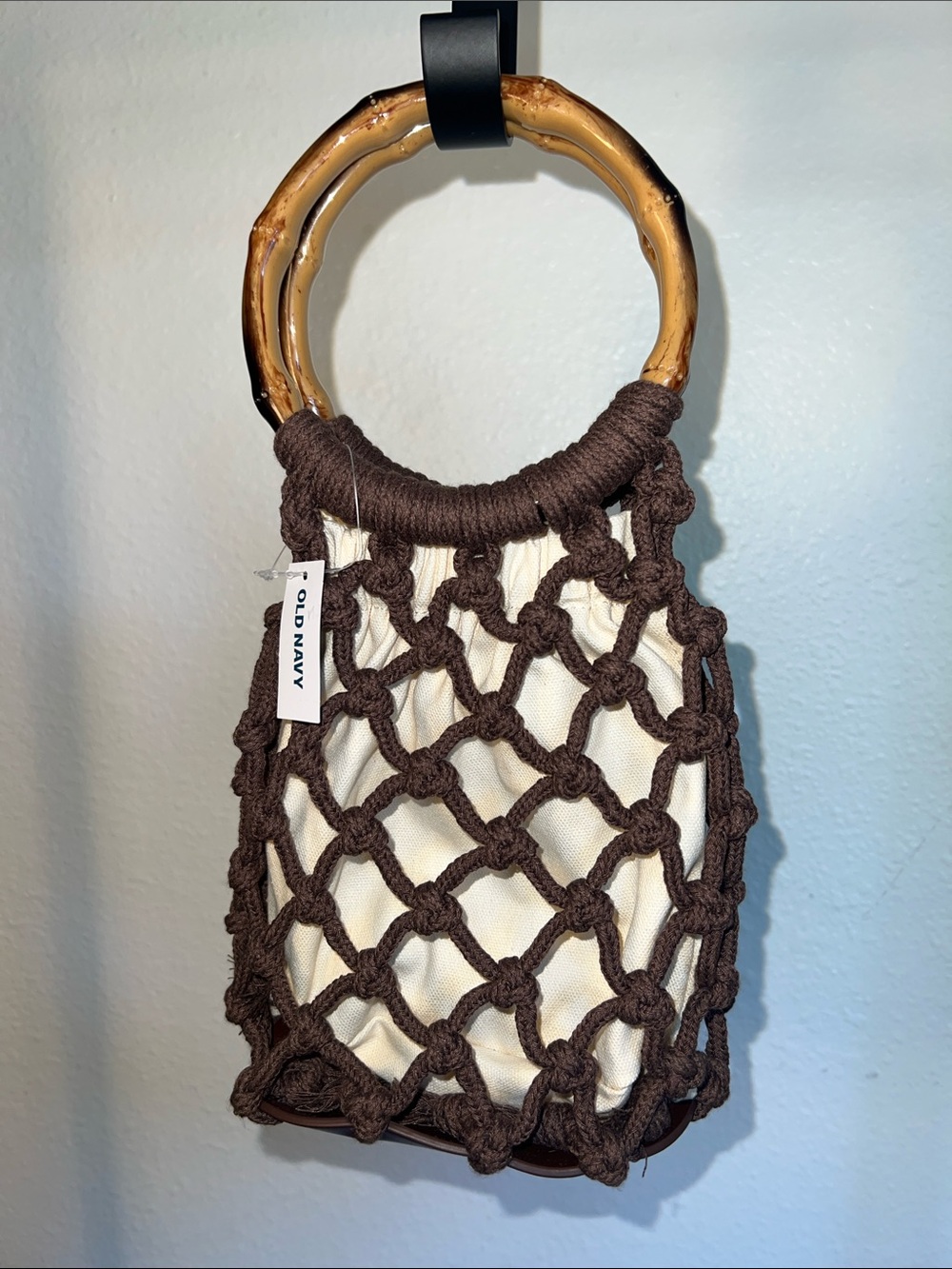 Old Navy Brown Rope Net Tote with Bamboo Ring Handle new with tags